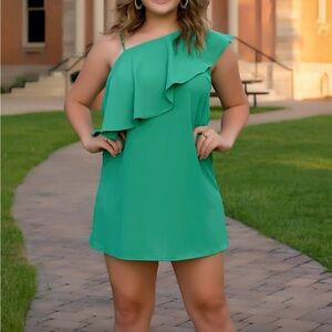 TCEC Green One Shoulder Ruffle Mini Dress